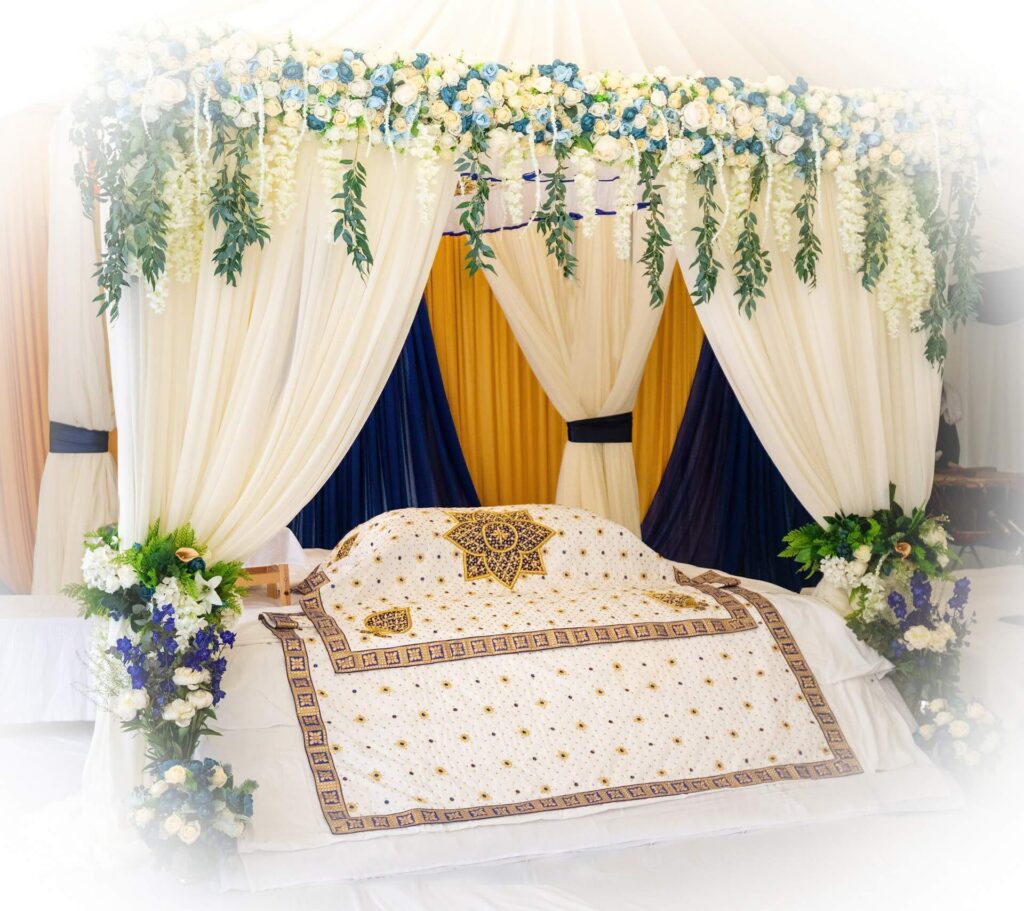Canopy backdrop hire with white draping and blue and gold styling
