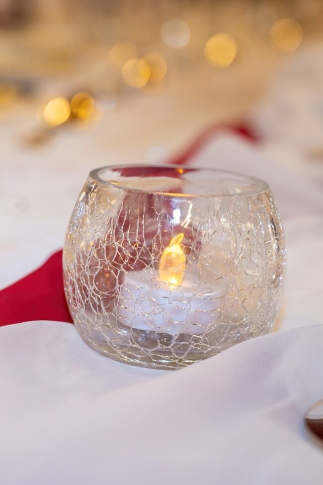 Clear cracked glass tealight holder for wedding and event hire