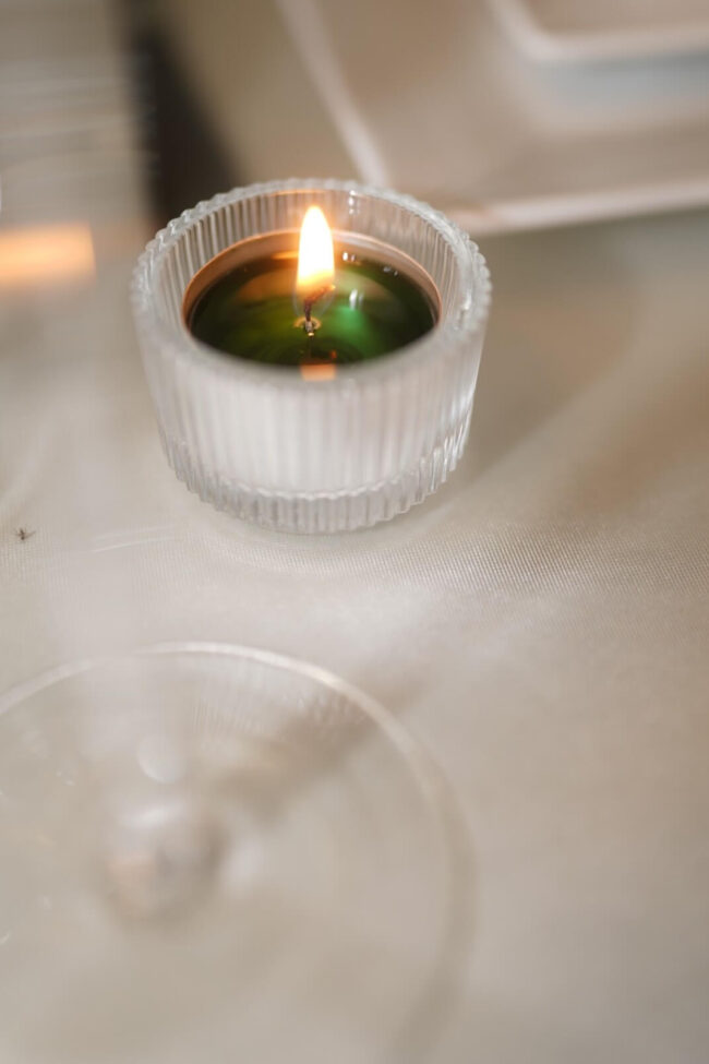 Ribbed glass tealight holder with vertical clear glass detailing