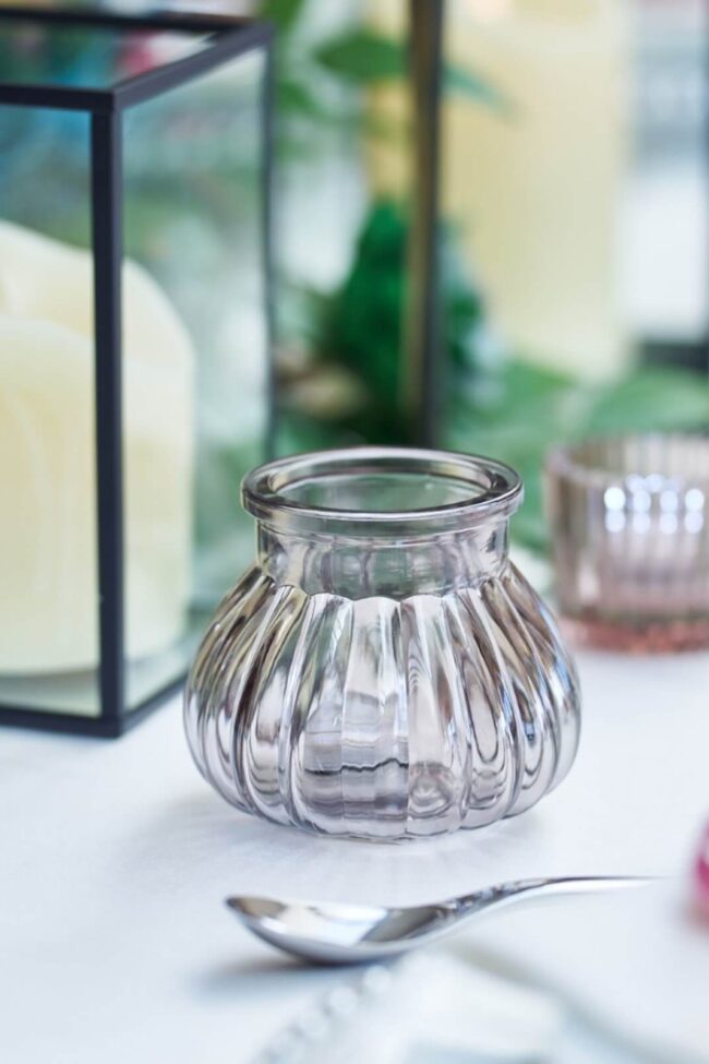 Smoked glass tealight holder with grey tinted ribbed glass finish