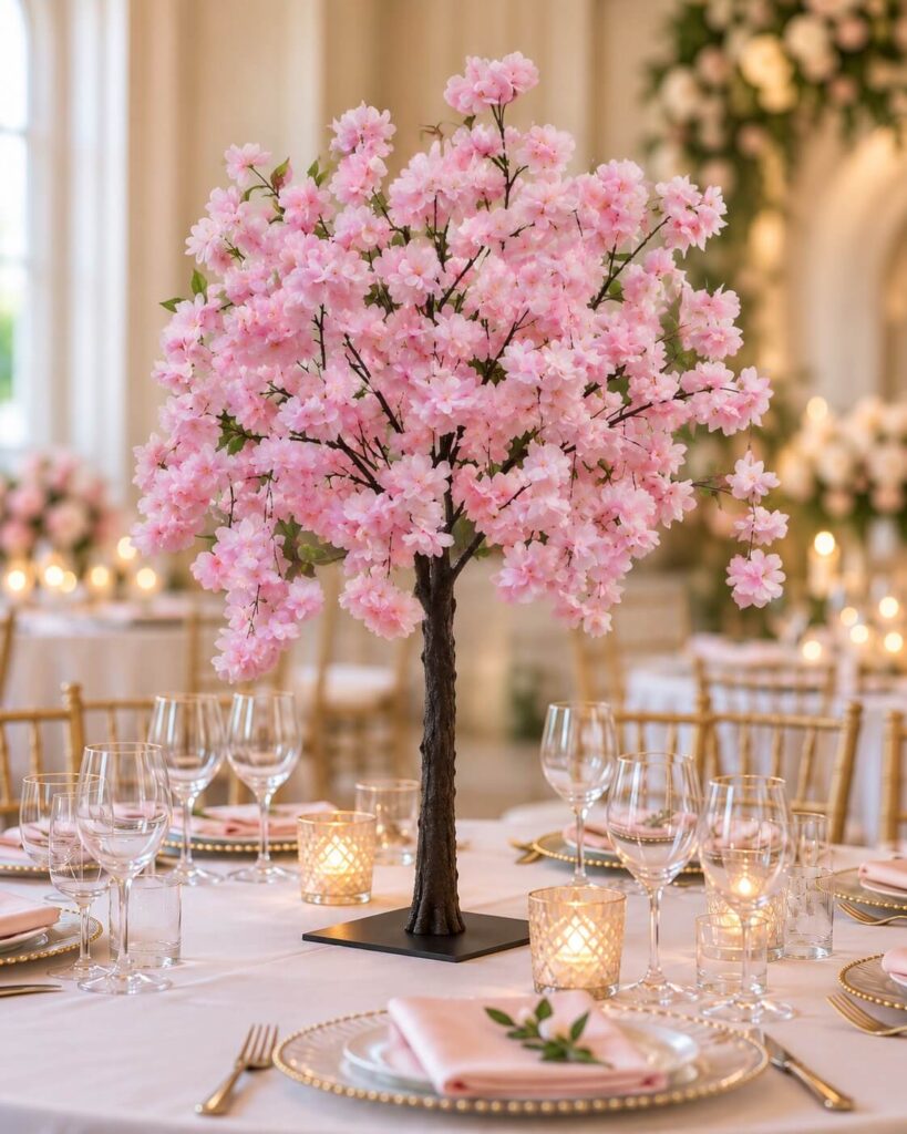 120cm pink artificial blossom tree centrepiece on a wedding table