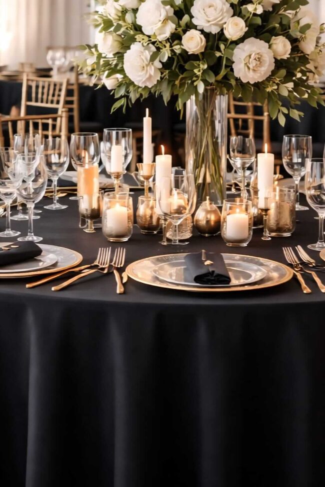 Black tablecloths for hire on round event tables