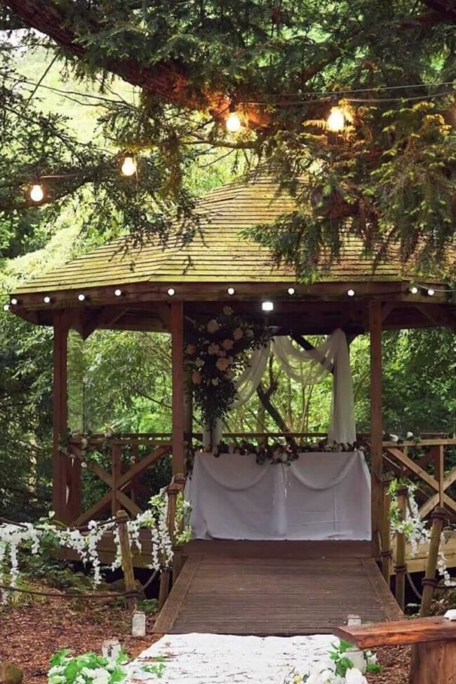 Festoon lights for outdoor wedding gazebo styling