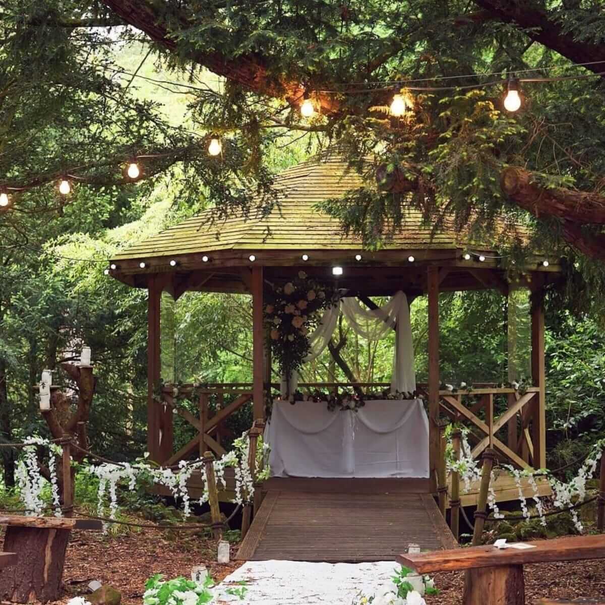 Festoon lights for outdoor wedding gazebo styling
