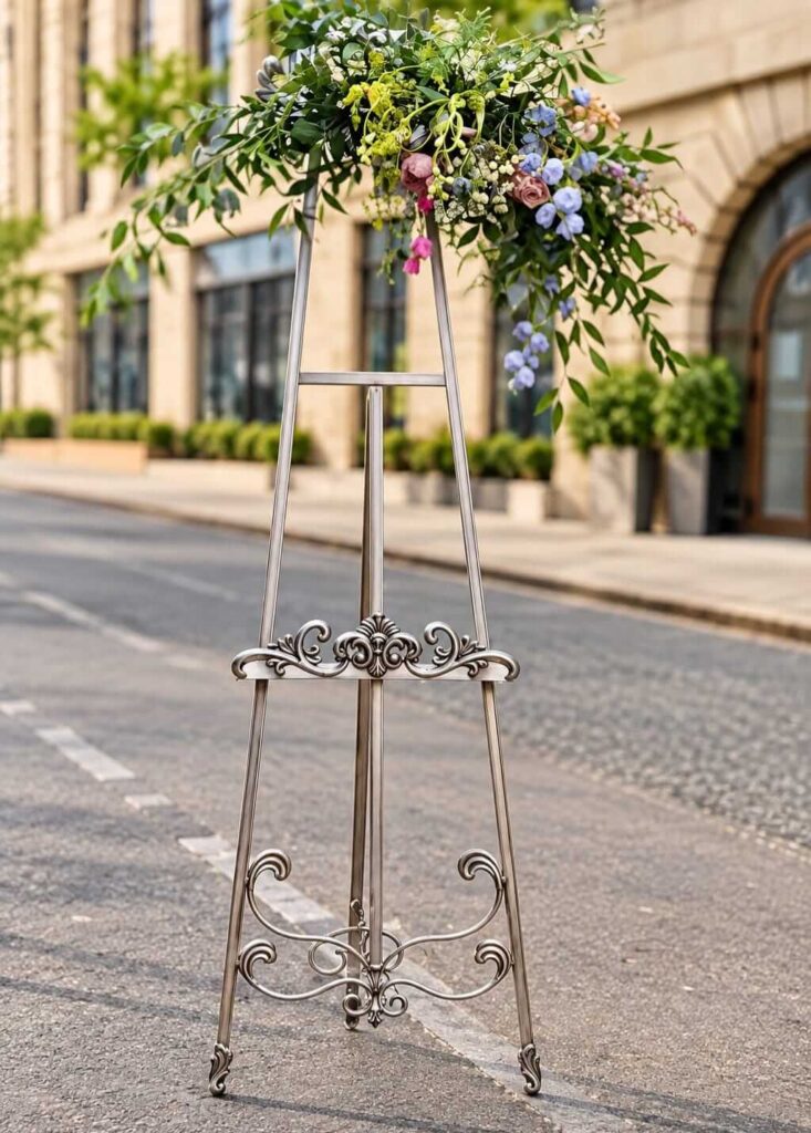 Antique silver metal easel with ornate scrollwork, curved legs and vintage-style detailing, decorated with flowers at the top