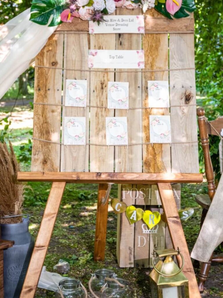 Wedding seating chart stand showing a rustic table plan with cards