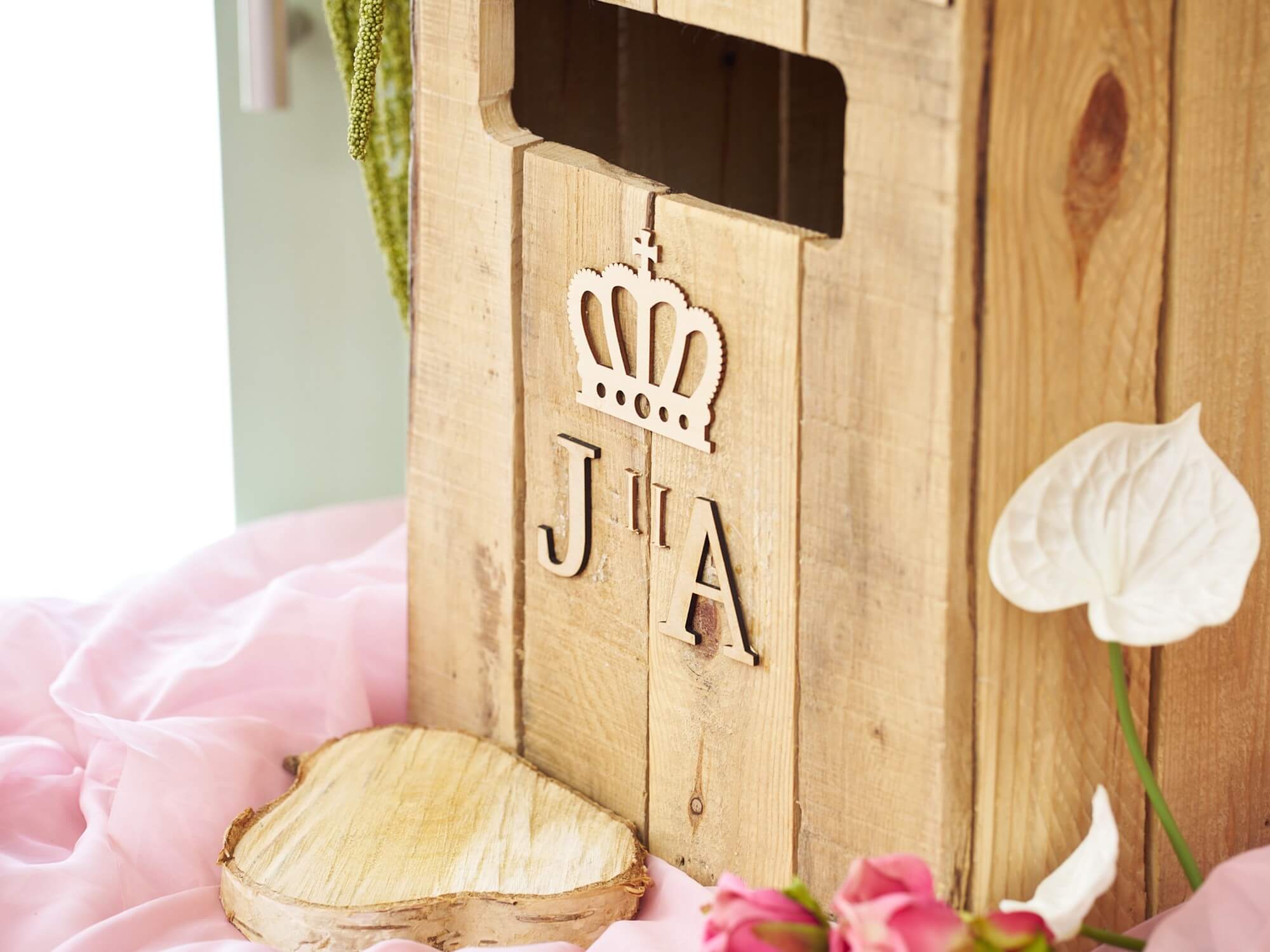 Wedding post box rental close-up detail of wooden postbox front