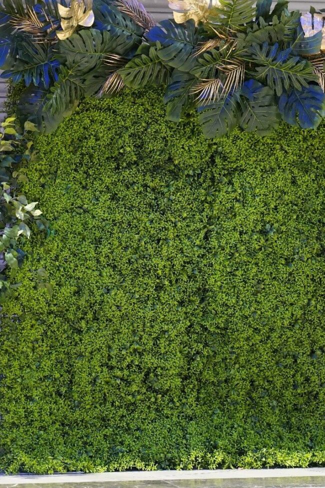 Greenery wall backdrop with green and gold tropical leaves