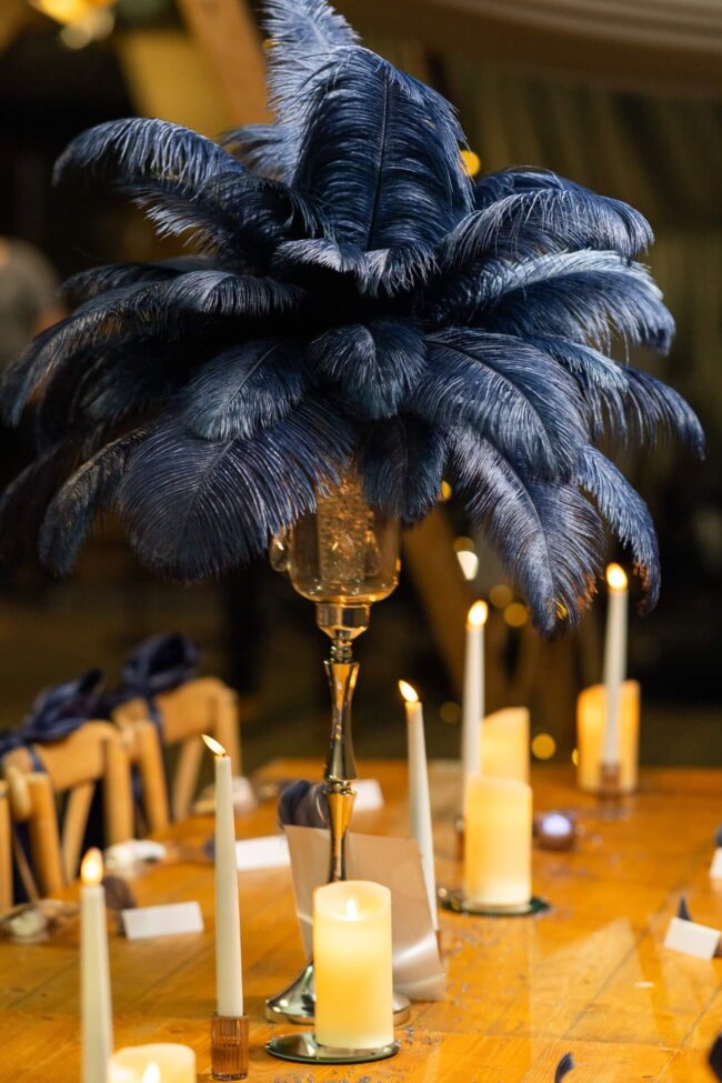 Navy Blue Feather Centrepiece – Sophisticated and Striking Table Styling