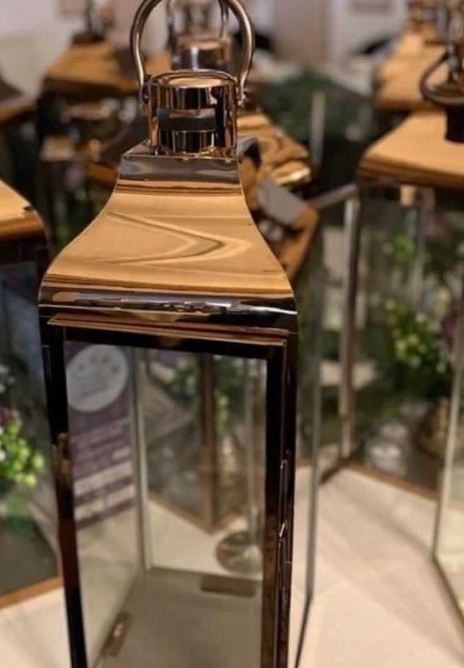 Lanterns for weddings in gold finish with glass panels for warm candlelight
