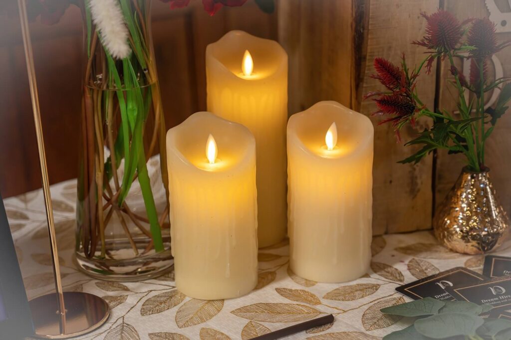 LED pillar candles grouped for hire