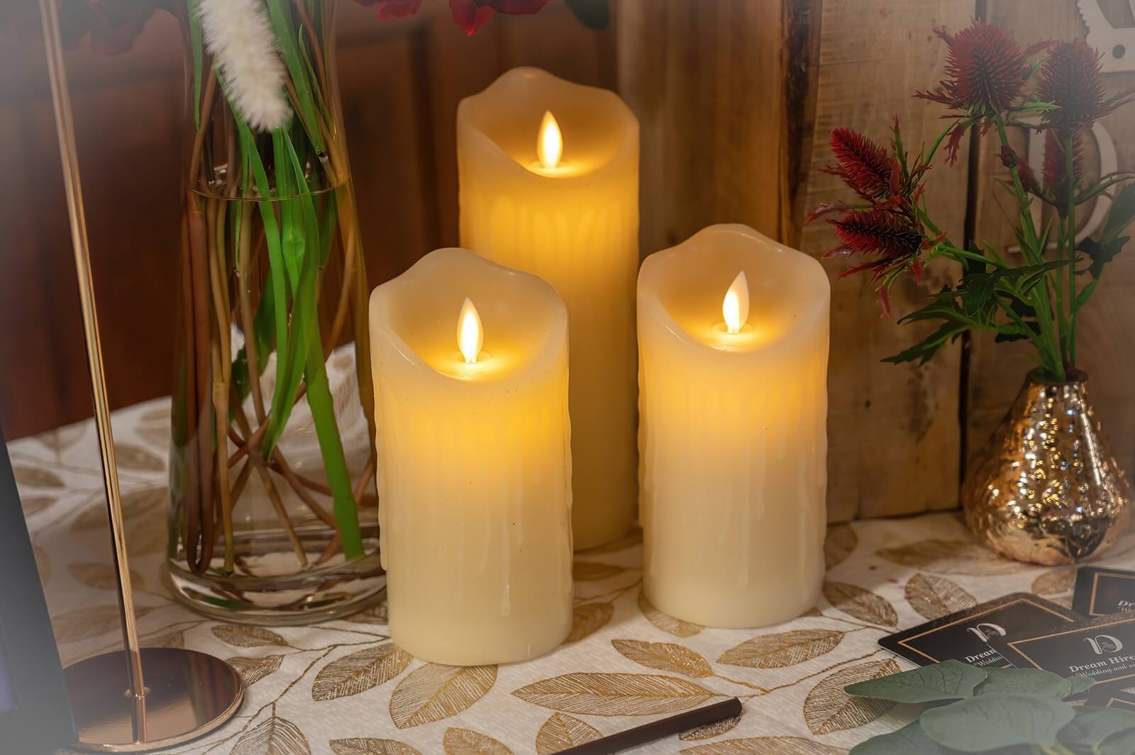 LED pillar candles grouped for hire