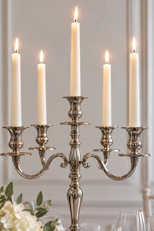 Five-arm stainless steel candelabra with five taper candles