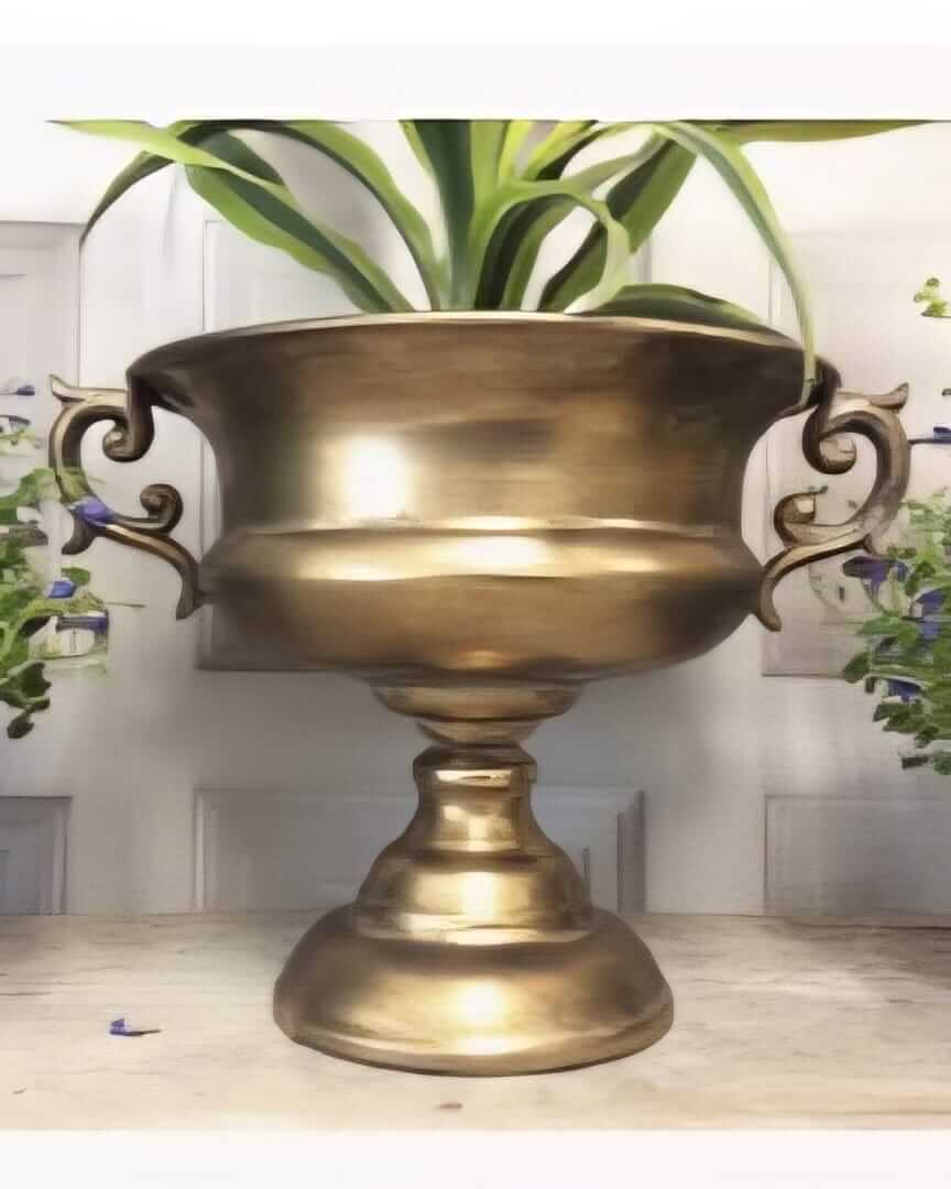 Brocante flower bowl in a metal urn pedestal style for table centrepieces