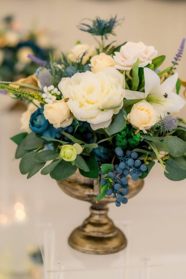 Brocante flower bowl styled with a short floral centrepiece for event tables