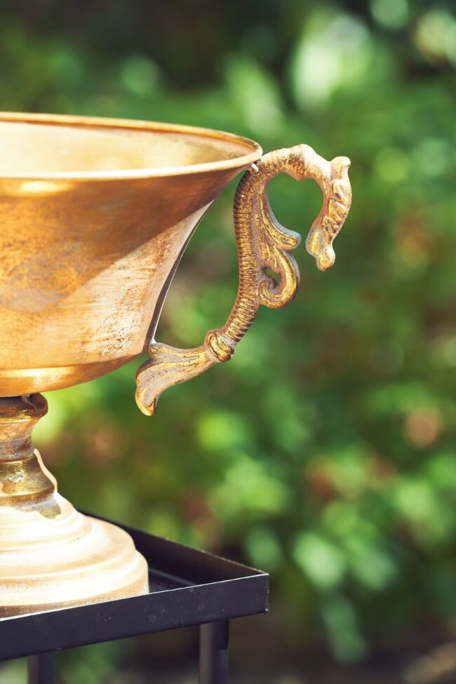 Gold handled flower bowl with ornate side detail and wide rim.