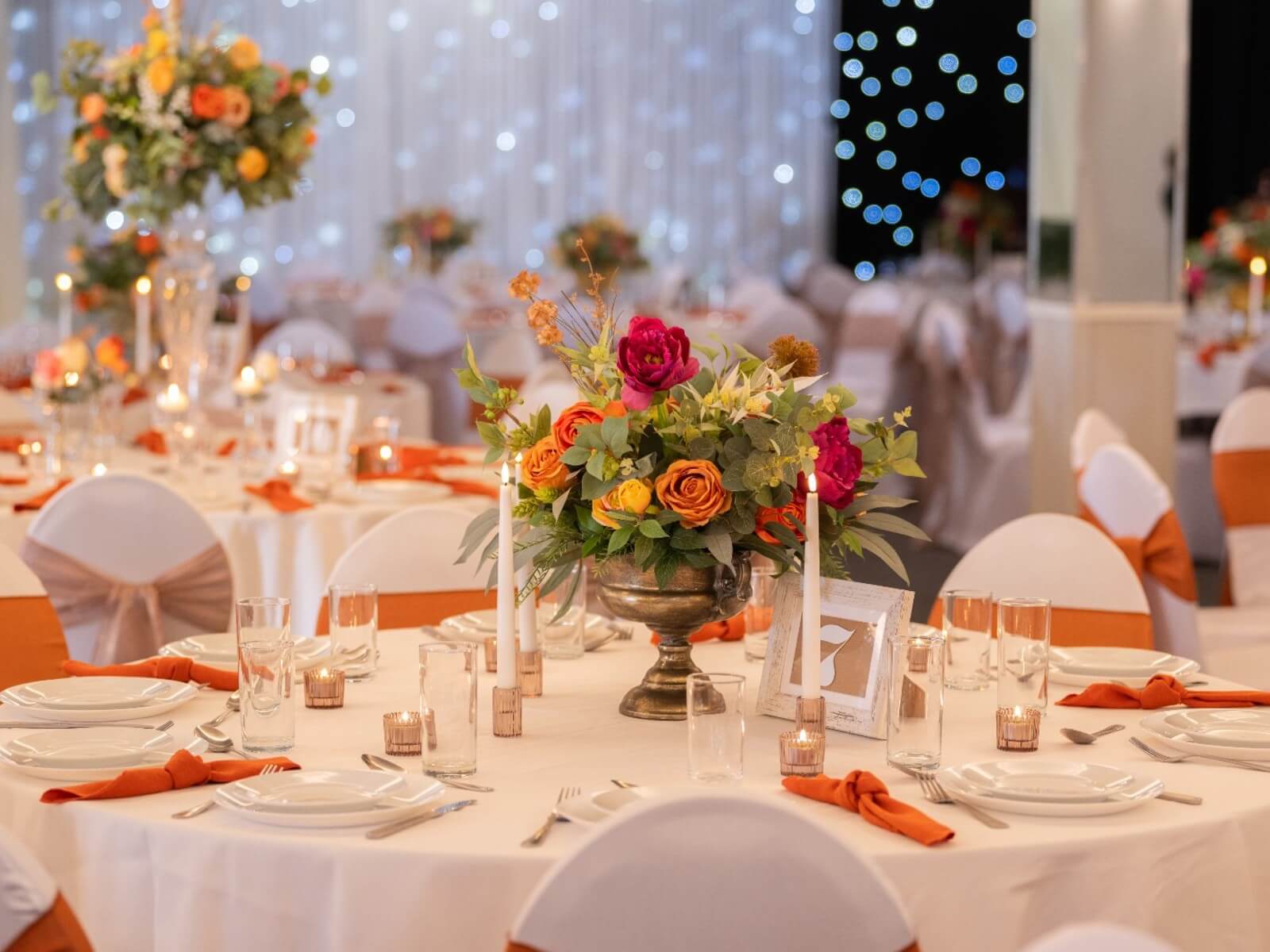 Brocante urn flower bowl styled as a short floral centrepiece for event tables