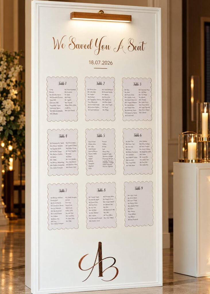 Freestanding white wedding seating plan board with personalised table cards