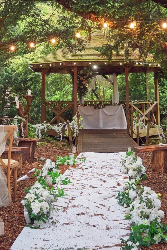 Festoon lights draped across a wedding venue, creating a warm glow