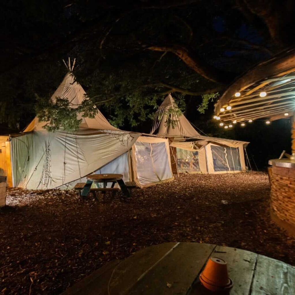 Tents lit at night in a woodland setting, styled for a themed event with warm ambient lighting.
