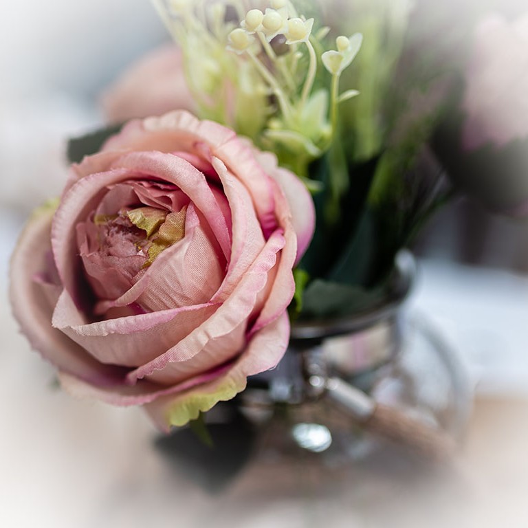 Blush artificial rose in glass jar, perfect for diy-wedding hire table decor