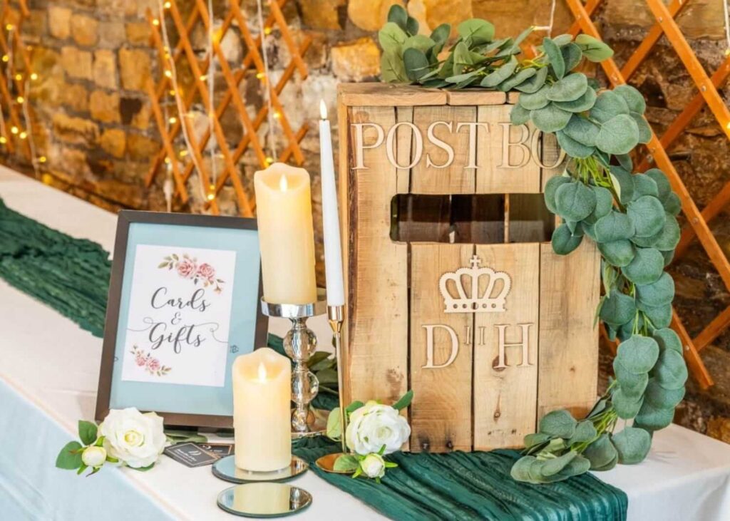 Rustic wedding decor wooden post box with candles