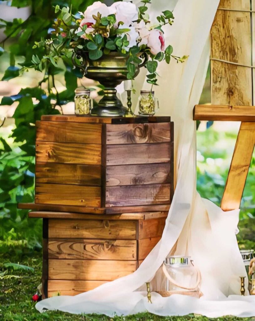 wooden display crate stacked rustic crates with floral bowl styling