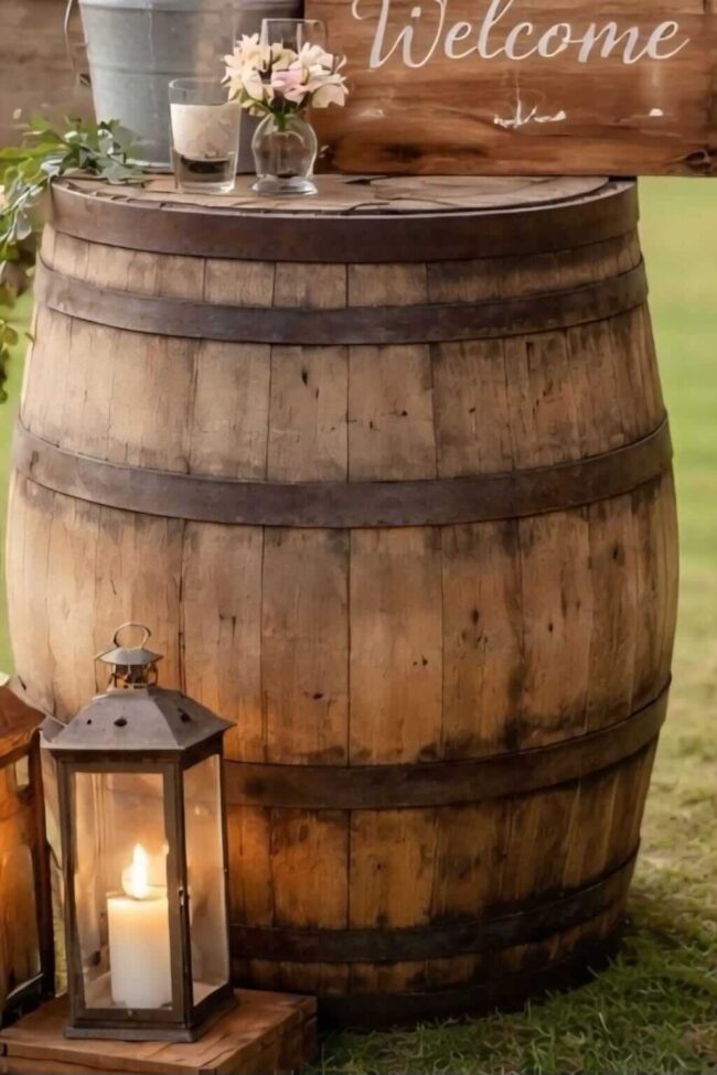 oak whisky barrel styled as a wooden barrel display with lantern