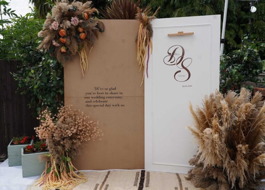 Wedding duo signage set with flowers, pampas grass and personalised wedding signs
