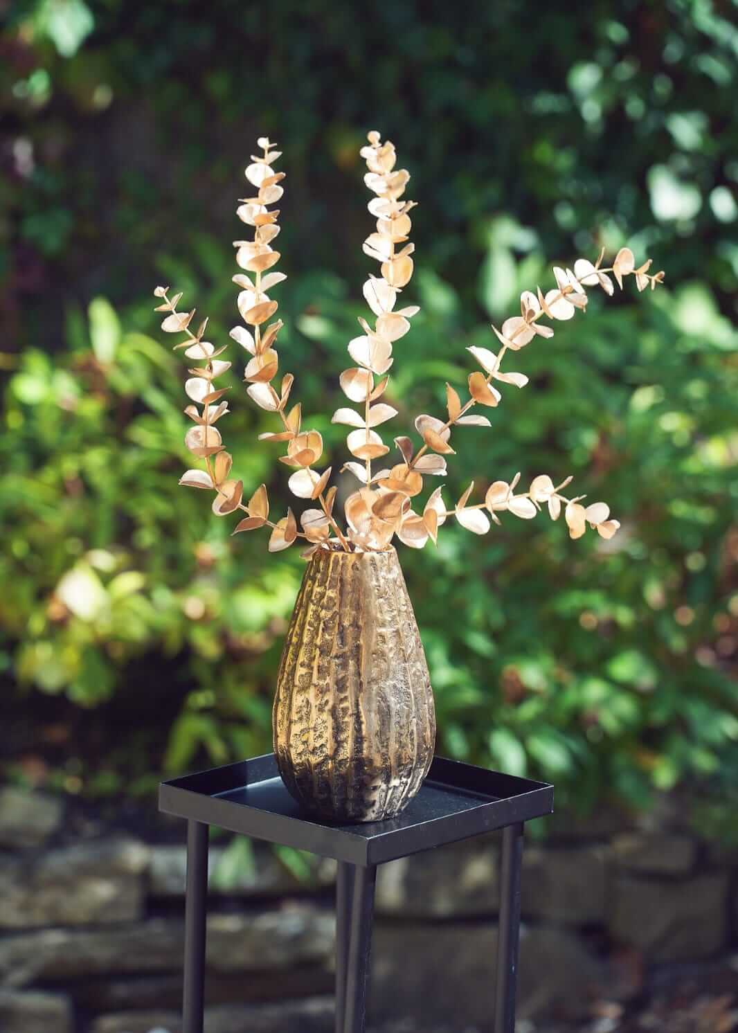 Textured antique gold ceramic vase with dark recessed detailing